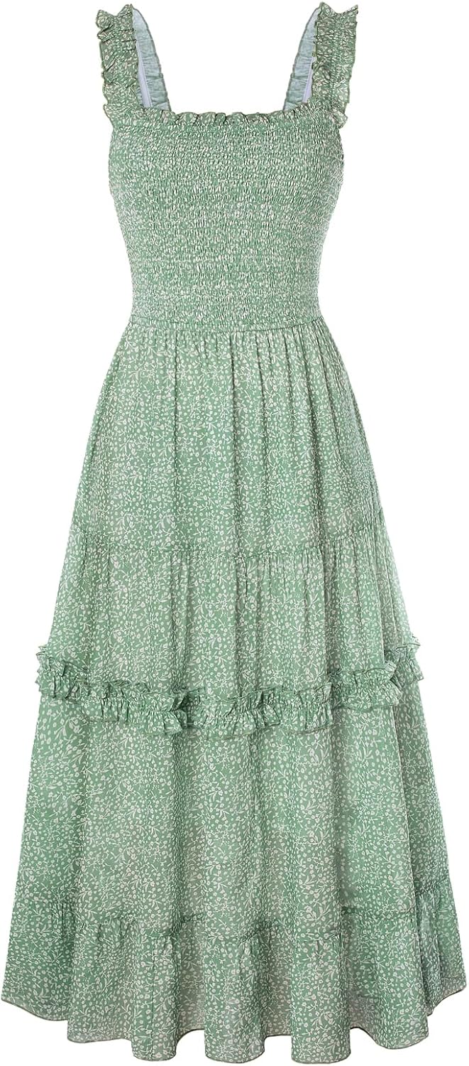Floral Smocked Square-Neck Tiered Sundress in Green White Floral