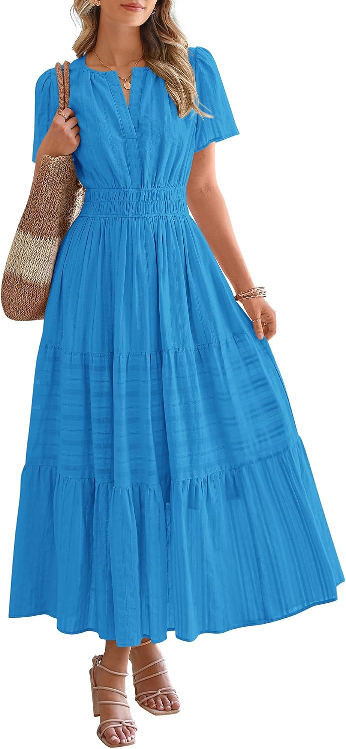 V-Neck Short-Sleeve Elastic-Waist Maxi Dress in Brilliant Blue