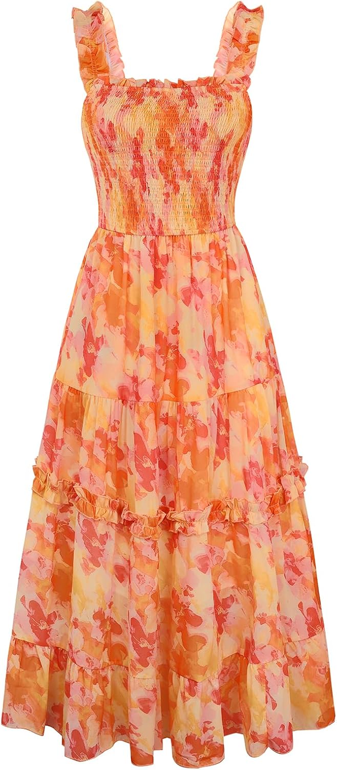 Floral Smocked Square-Neck Tiered Sundress in Orange Ombre