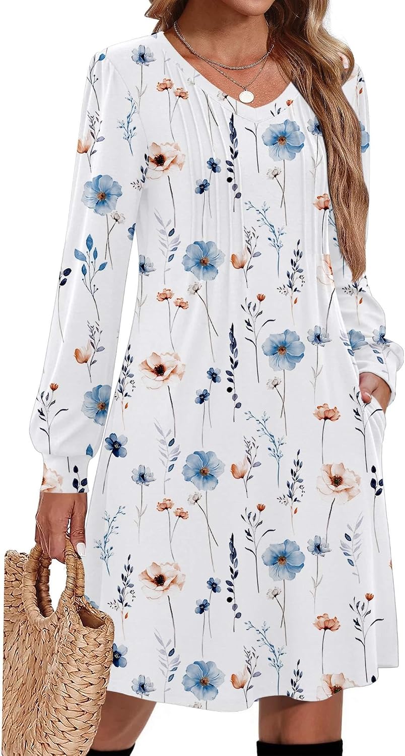 Pleated V-Neck Long-Sleeve A-Line Tunic Dress in White Floral