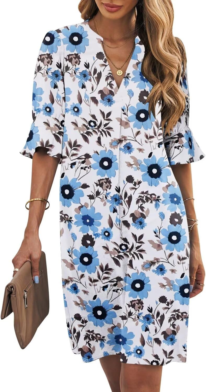 Ruffle-Sleeve V-Neck Swing Shift Mini Dress in Blue Flower, style 2