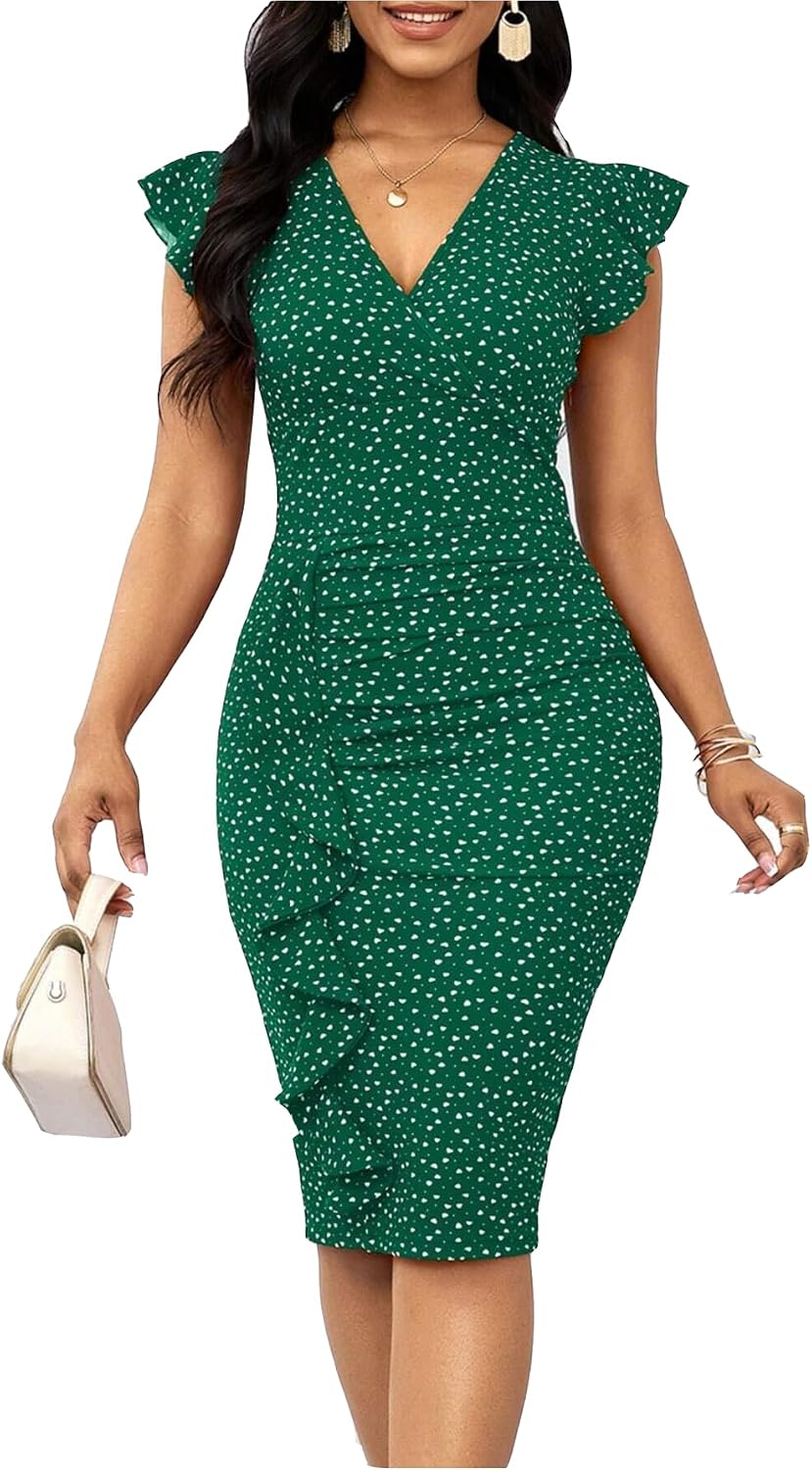 Printed Ruffle-Sleeve V-Neck Bodycon Midi Dress in Green