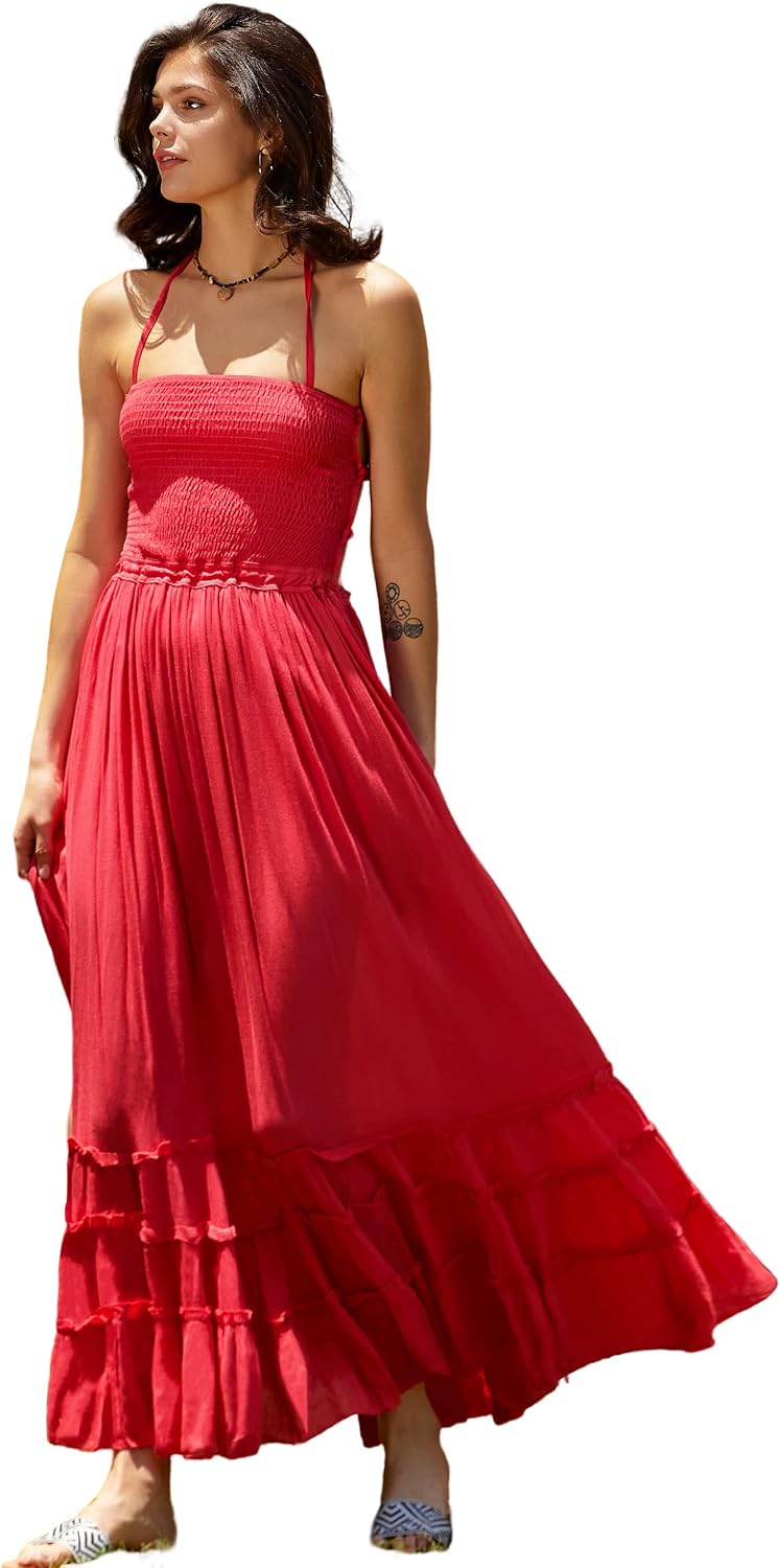 Smocked Ruffle Halter Backless Maxi Dress in Punch Red
