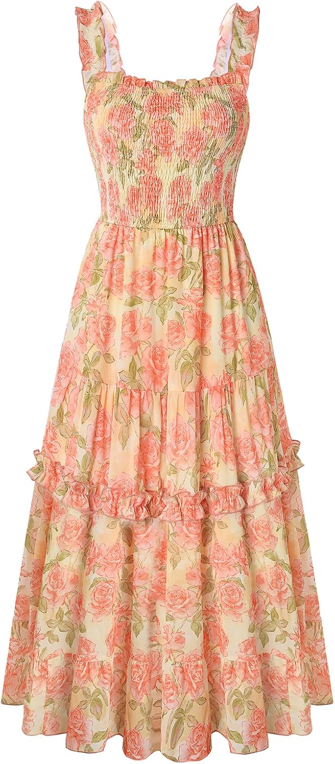 Floral Smocked Square-Neck Tiered Sundress in Orange Rose
