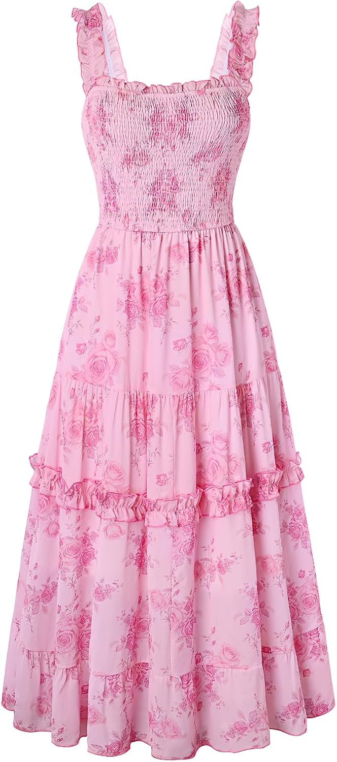 Floral Smocked Square-Neck Tiered Sundress in Pink Rose