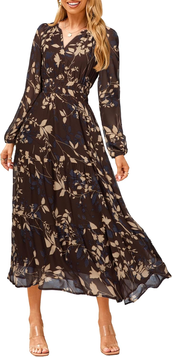 Floral V-Neck Long-Sleeve Flowy Maxi Dress in Brown Floral