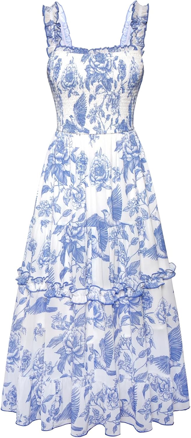 Floral Smocked Square-Neck Tiered Sundress in Blue Floral