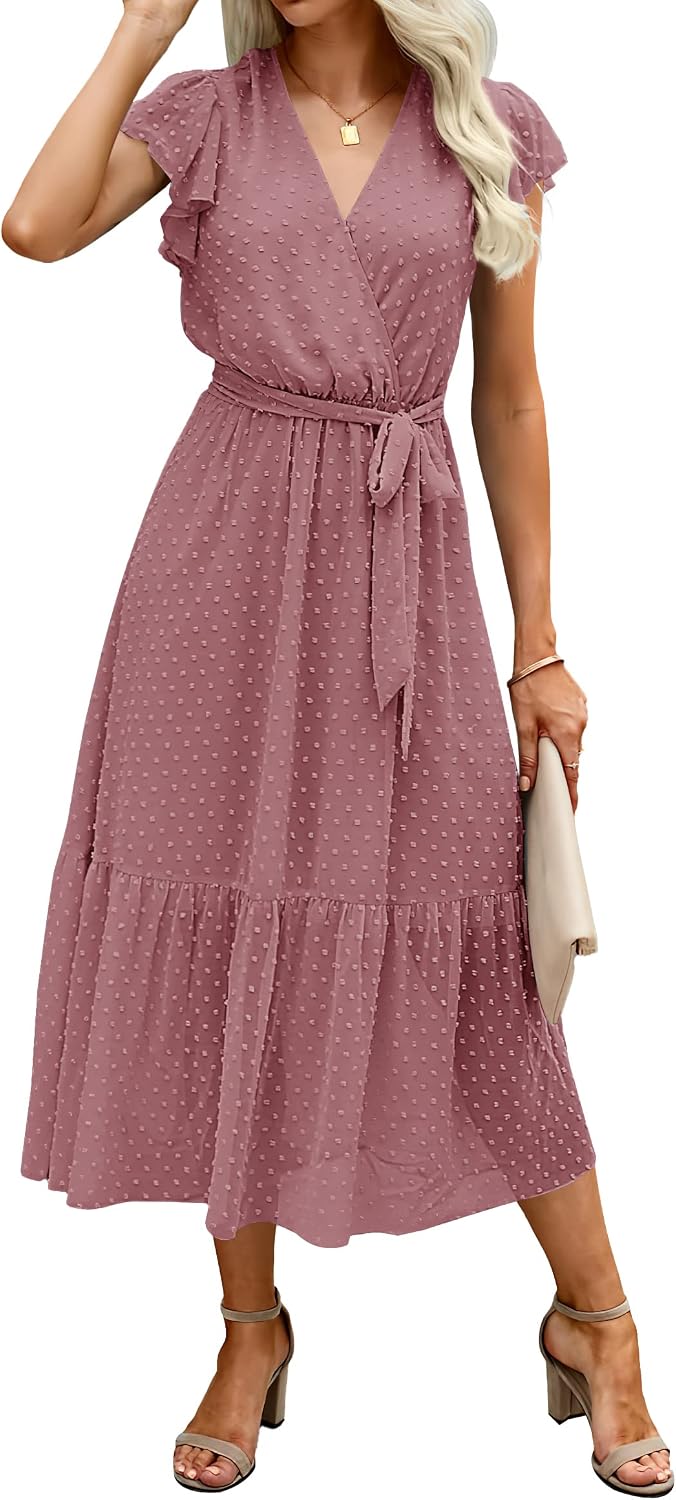 Swiss Dot Wrap V-Neck Belted Midi Dress in Swiss Dot Bean Paste Red