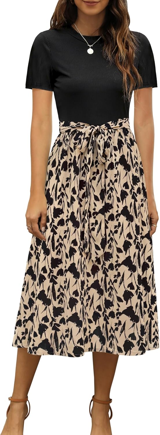 Ribbed Short-Sleeve Midi Dress in taupe floral