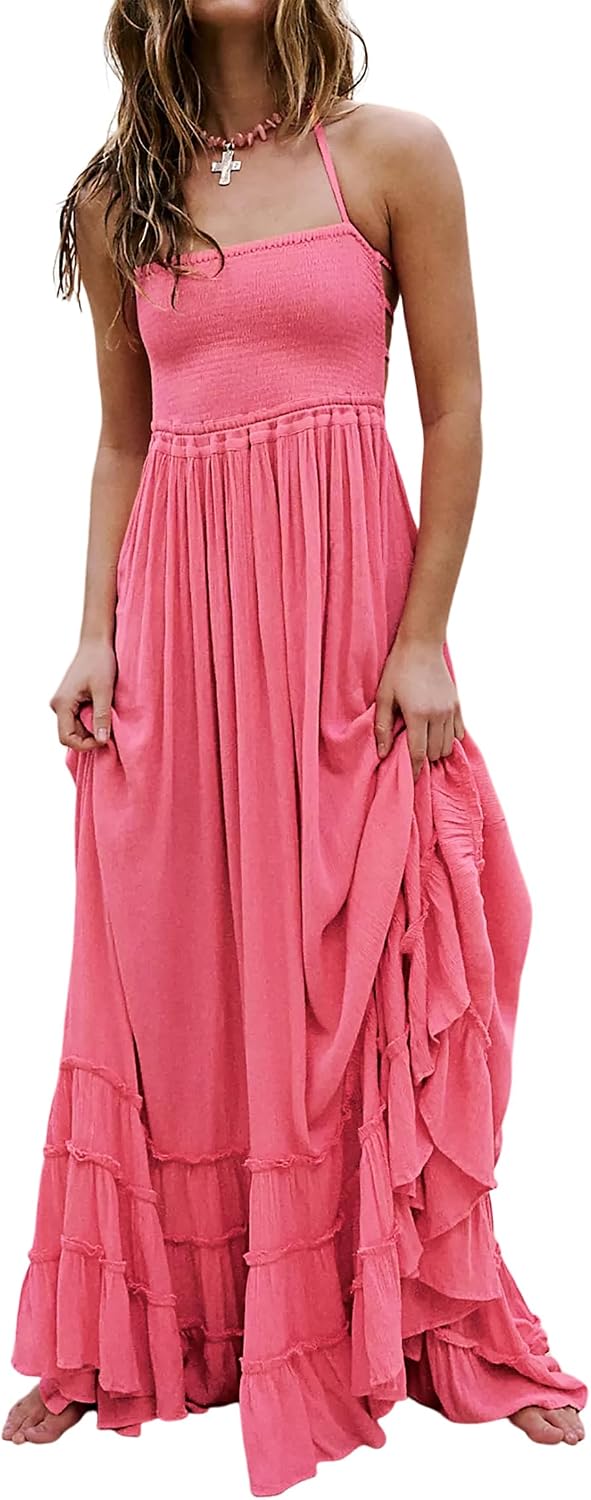 Smocked Ruffle Halter Backless Maxi Dress in Pink