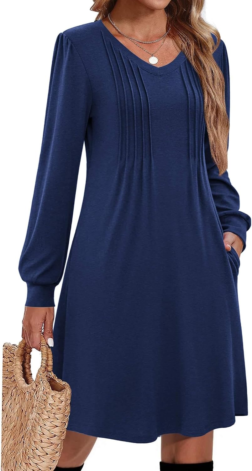 Pleated V-Neck Long-Sleeve A-Line Tunic Dress in Navy