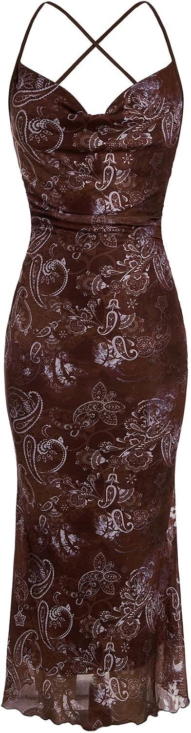 Floral Mesh Cowl-Neck Cami Maxi Dress in Brown Printed