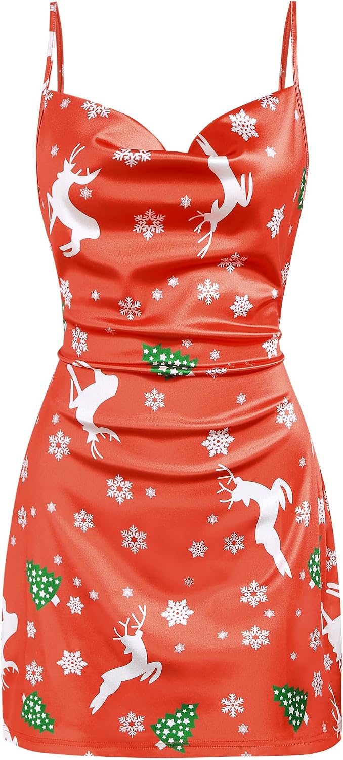Satin Cowl-Neck Spaghetti Strap Slip Mini Dress in Red, holiday version
