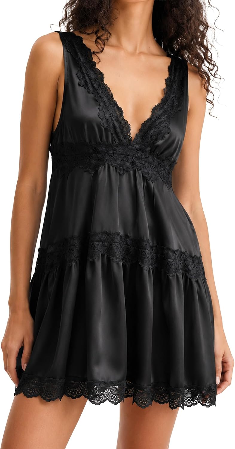 Lace V-Neck Ruffle-Hem Babydoll Slip Mini Dress in Black
