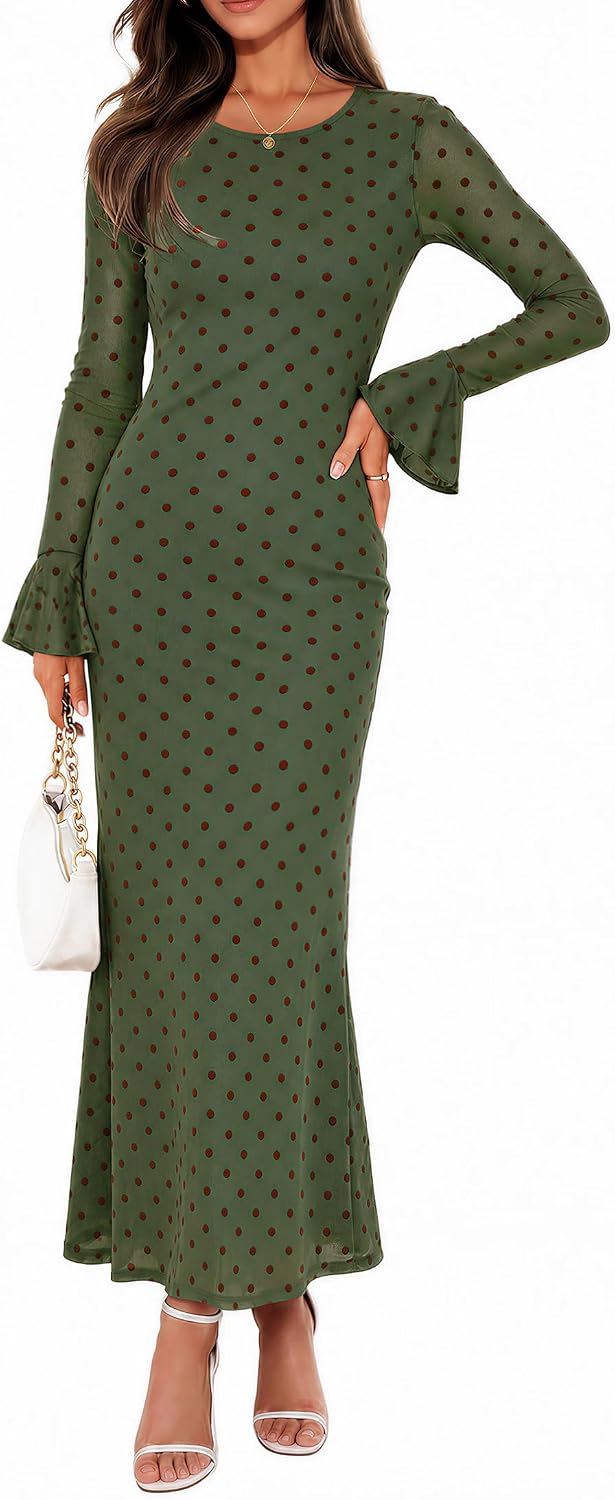 Floral Mesh Bell-Sleeve Bodycon Maxi Dress in Pea Green