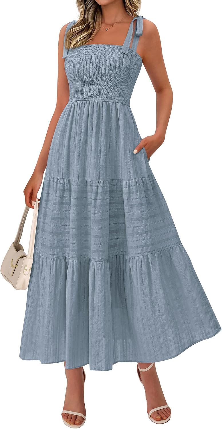 Tie-Strap Smocked Tiered Maxi Sundress in Blue Grey