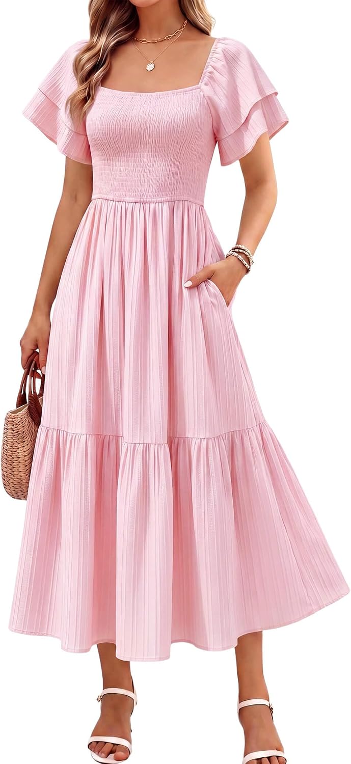 Off-Shoulder Ruffle Square-Neck Midi Dress in Light Pink