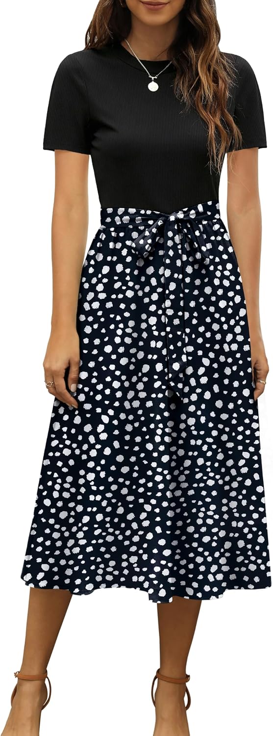 Ribbed Short-Sleeve Midi Dress in black, print QC