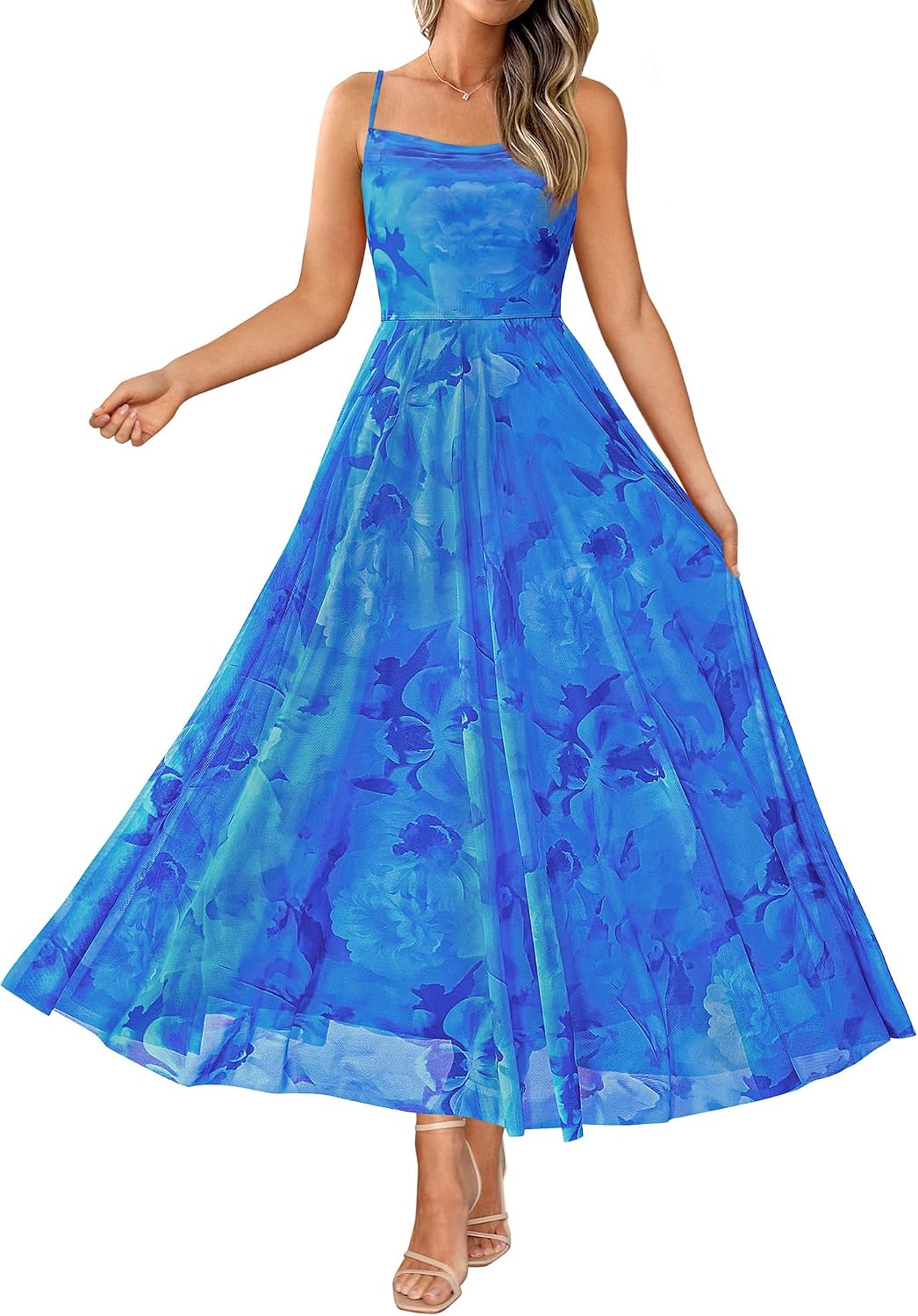 Floral Spaghetti Strap Maxi Dress in Floral Blue
