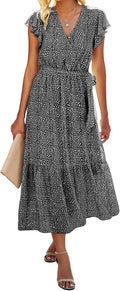Swiss Dot Wrap V-Neck Belted Midi Dress in Black