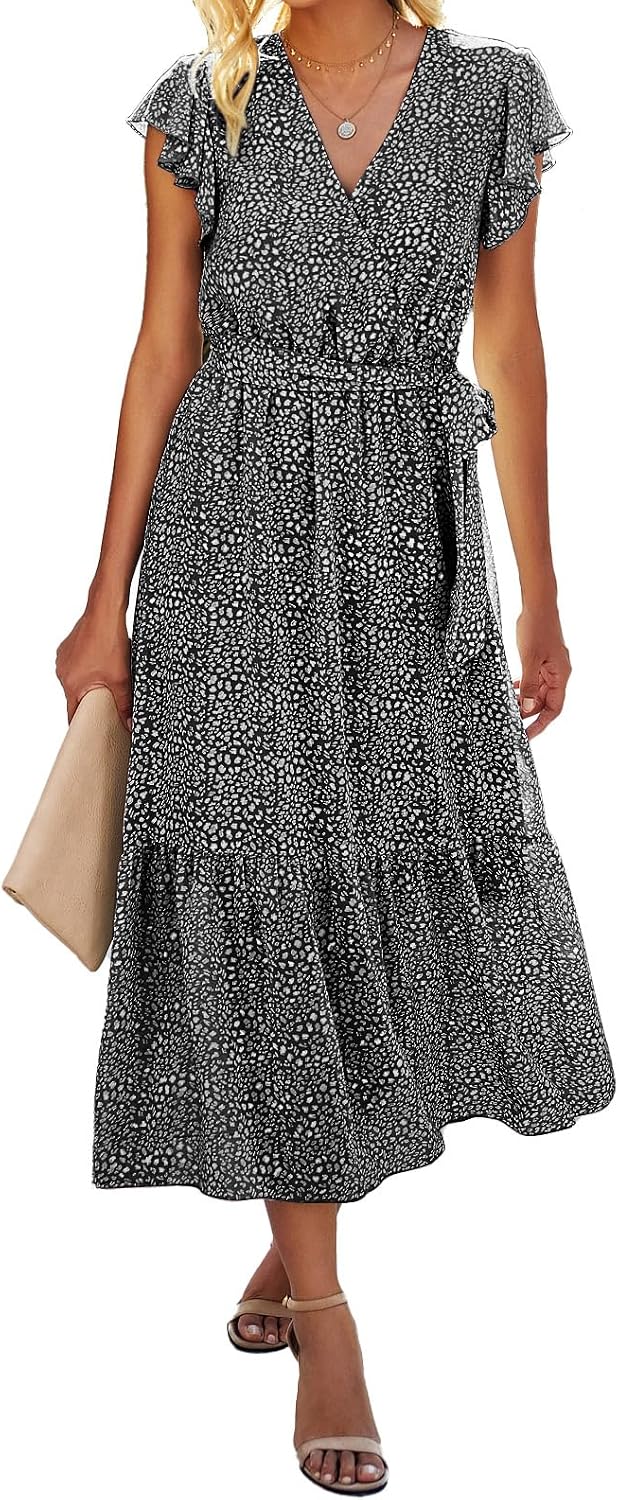 Swiss Dot Wrap V-Neck Belted Midi Dress in Black