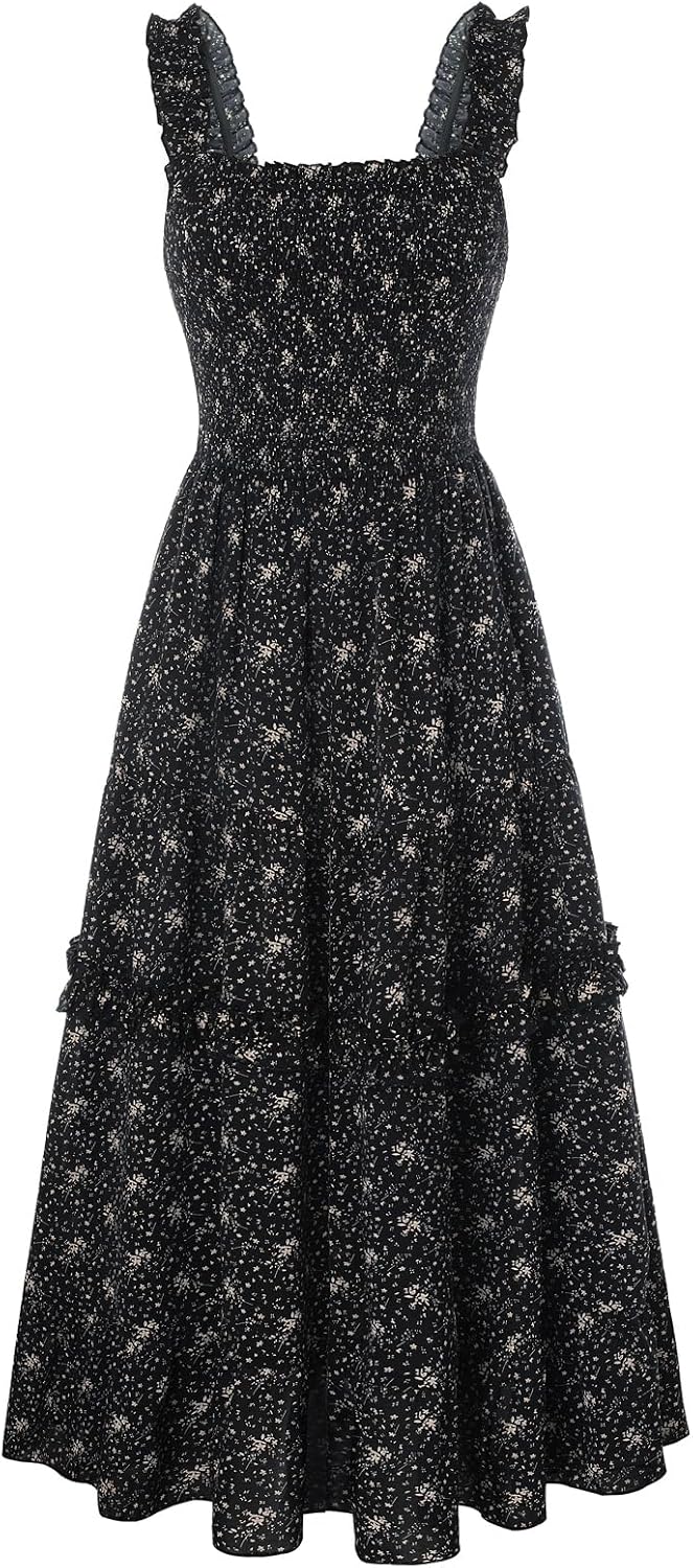 Floral Smocked Square-Neck Tiered Sundress in Black Floral