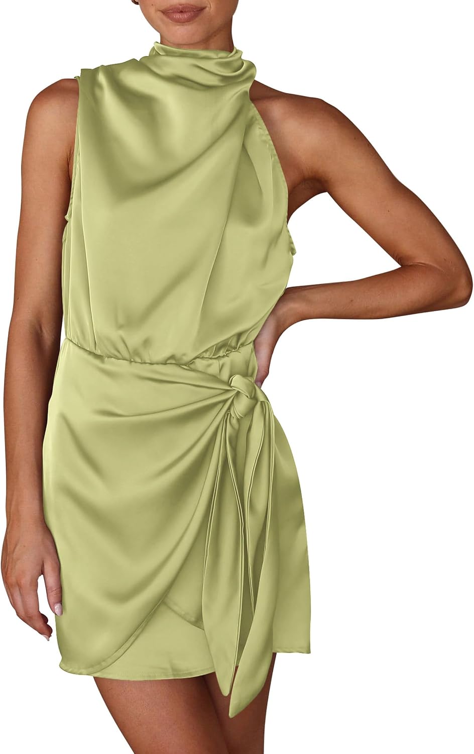 Satin Mock-Neck Asymmetric Ruched Cocktail Dress in Tender Green
