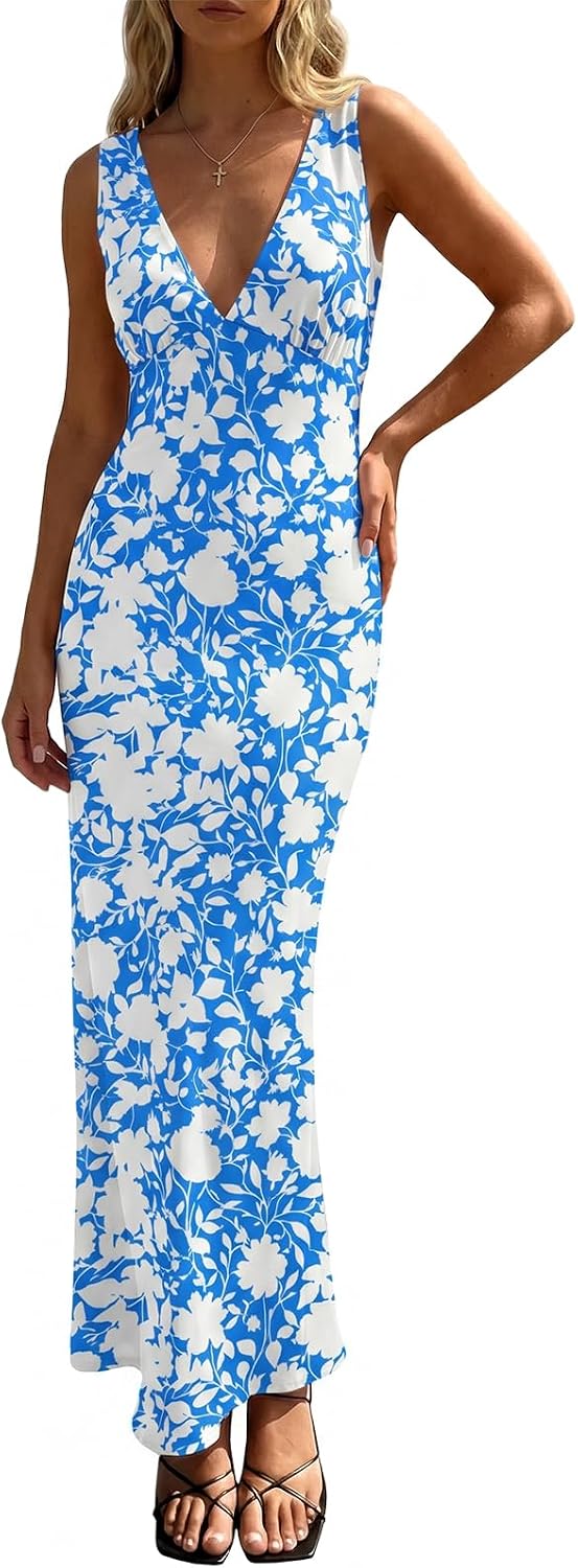 Polka Dot Mesh Deep V-Neck Backless Maxi Dress in Light Blue