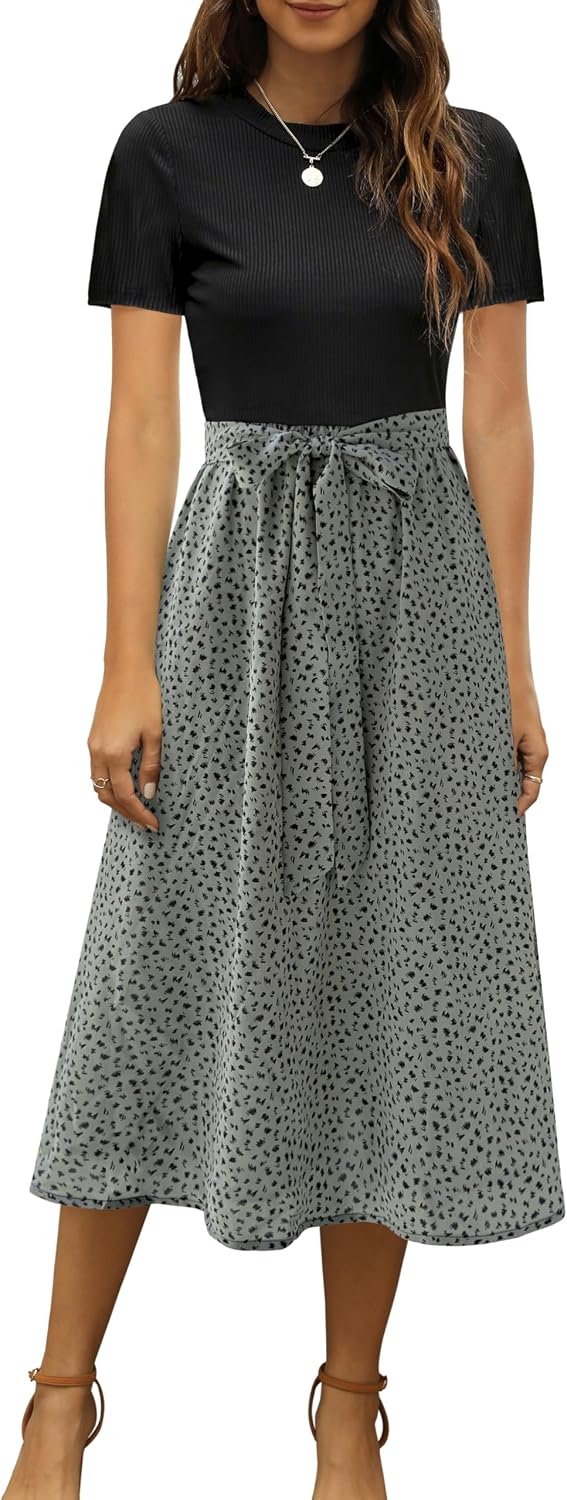 Ribbed Short-Sleeve Midi Dress in black and sage green