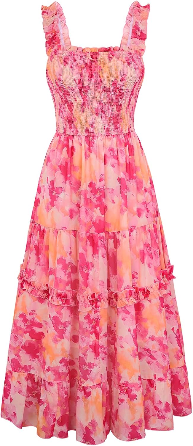 Floral Smocked Square-Neck Tiered Sundress in Pink Ombre