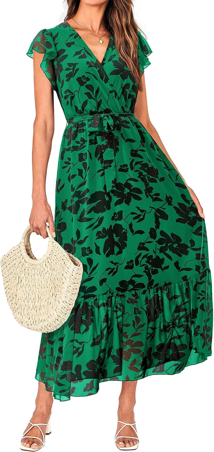 Swiss Dot Wrap V-Neck Belted Midi Dress in Green Big Floral