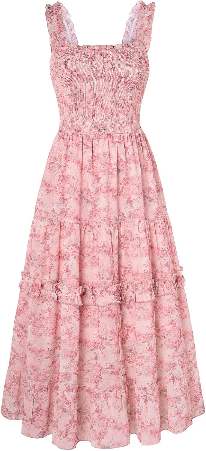 Floral Smocked Square-Neck Tiered Sundress in Misty Rosette