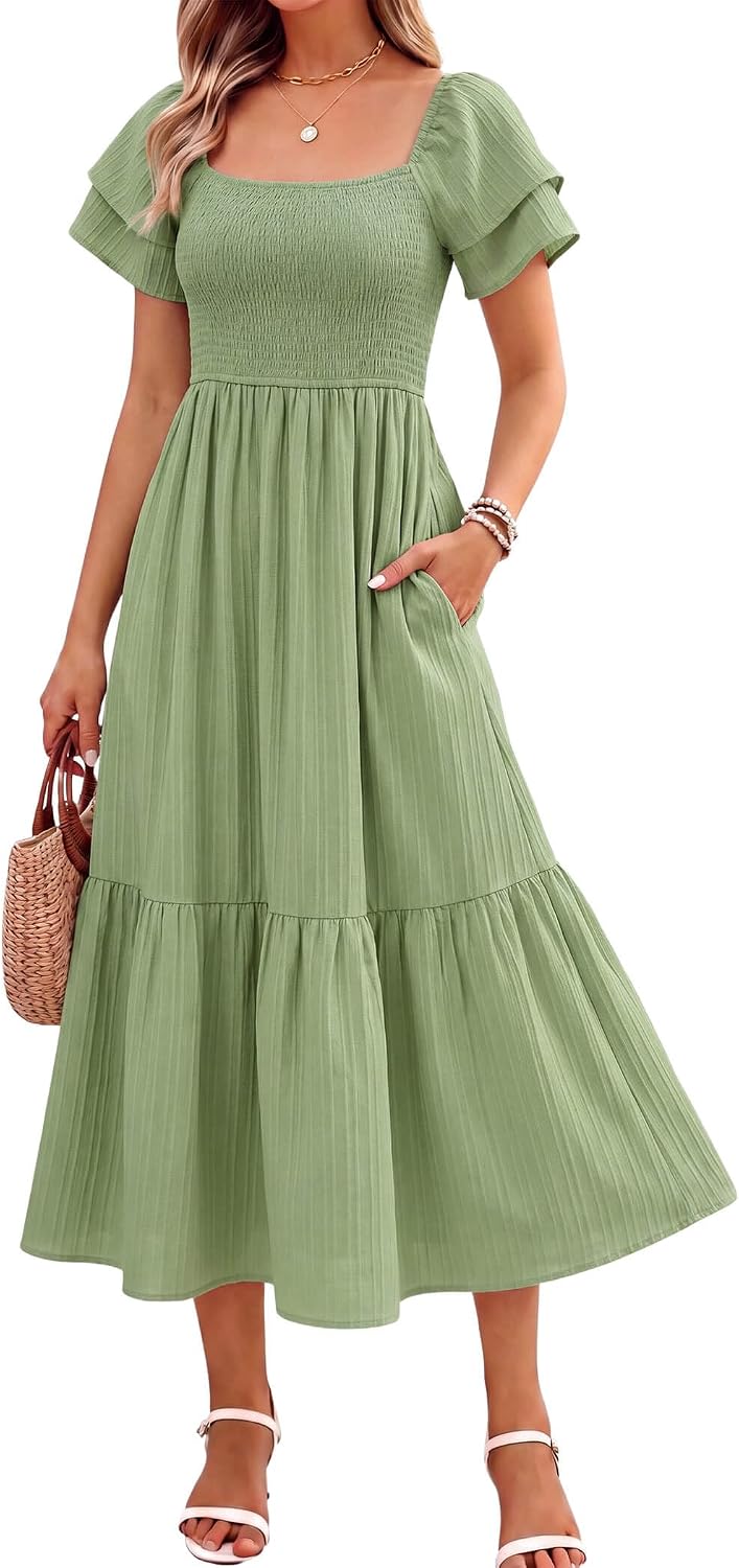 Off-Shoulder Ruffle Square-Neck Midi Dress in Sage Green