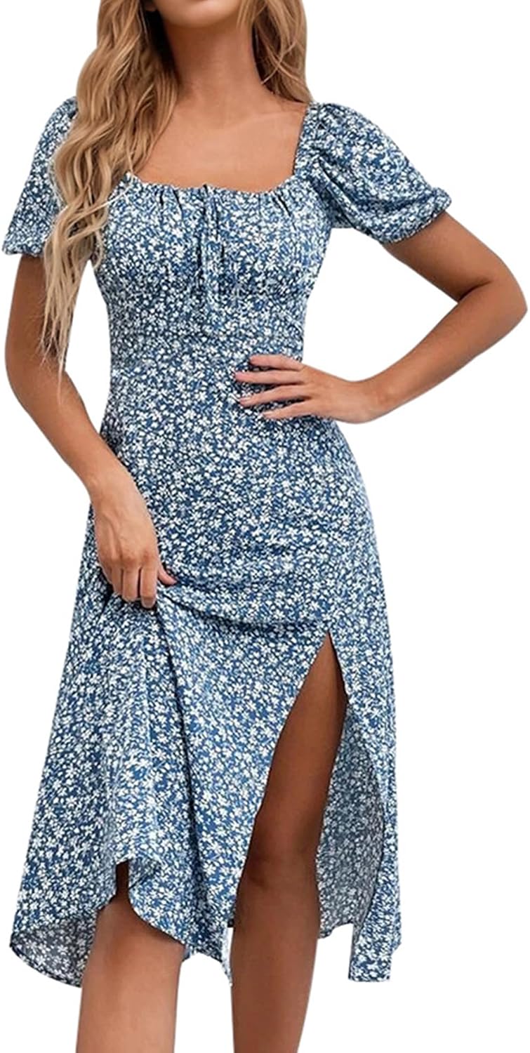 Floral Puff-Sleeve Square-Neck Midi Dress in Blue Floral
