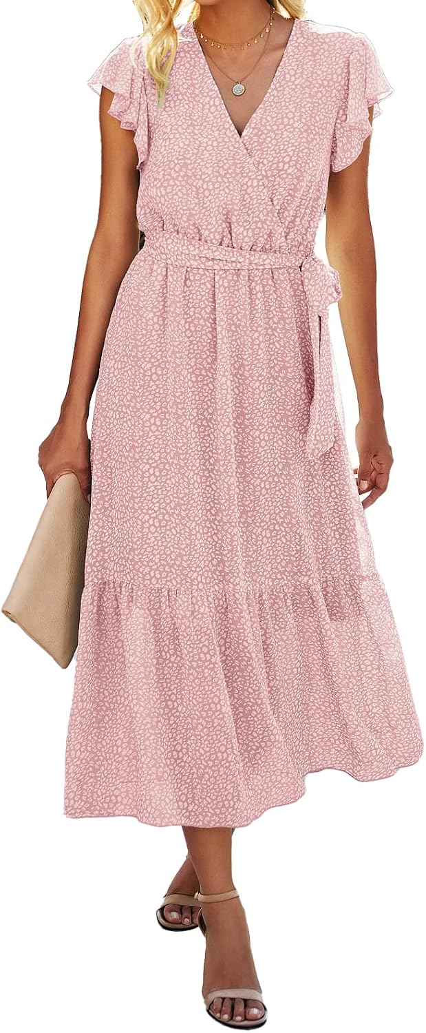 Swiss Dot Wrap V-Neck Belted Midi Dress in Pink