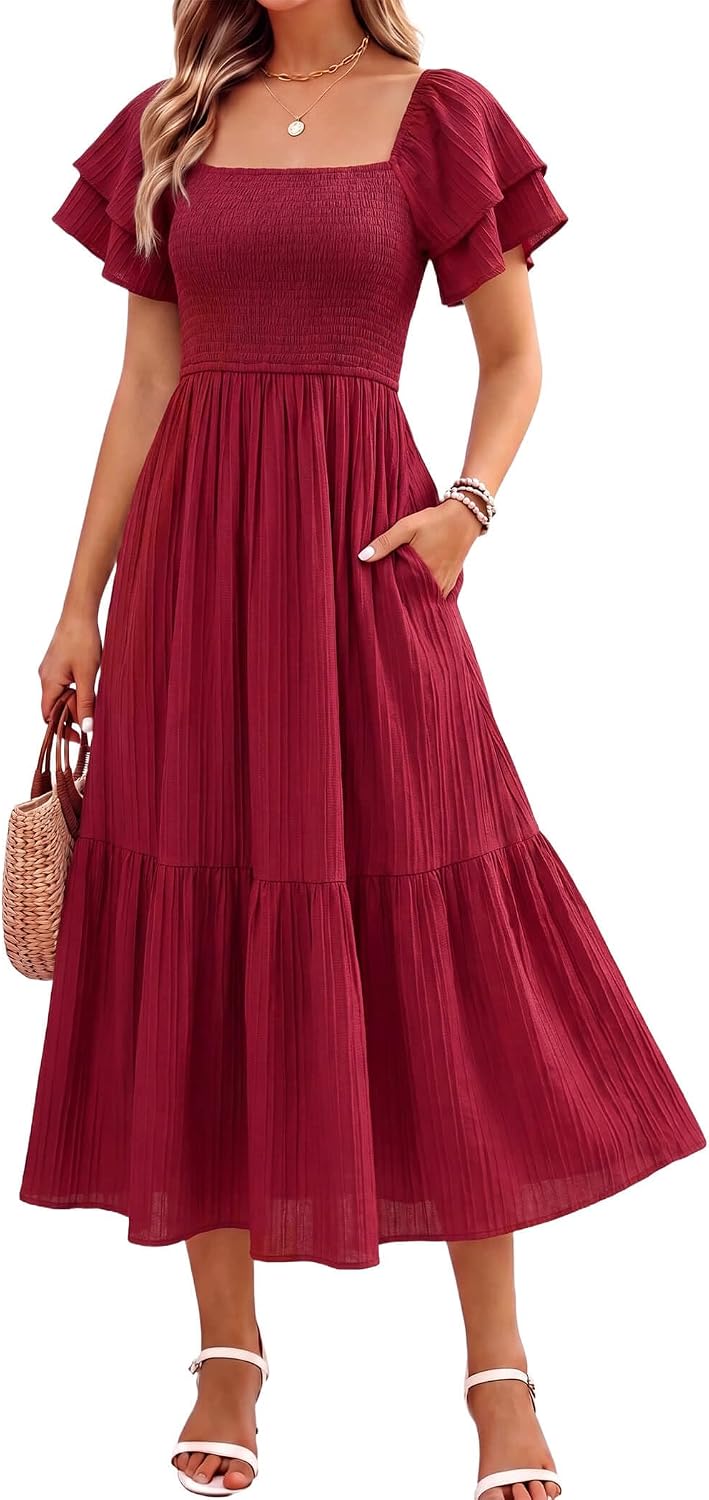 Off-Shoulder Ruffle Square-Neck Midi Dress in Burgundy