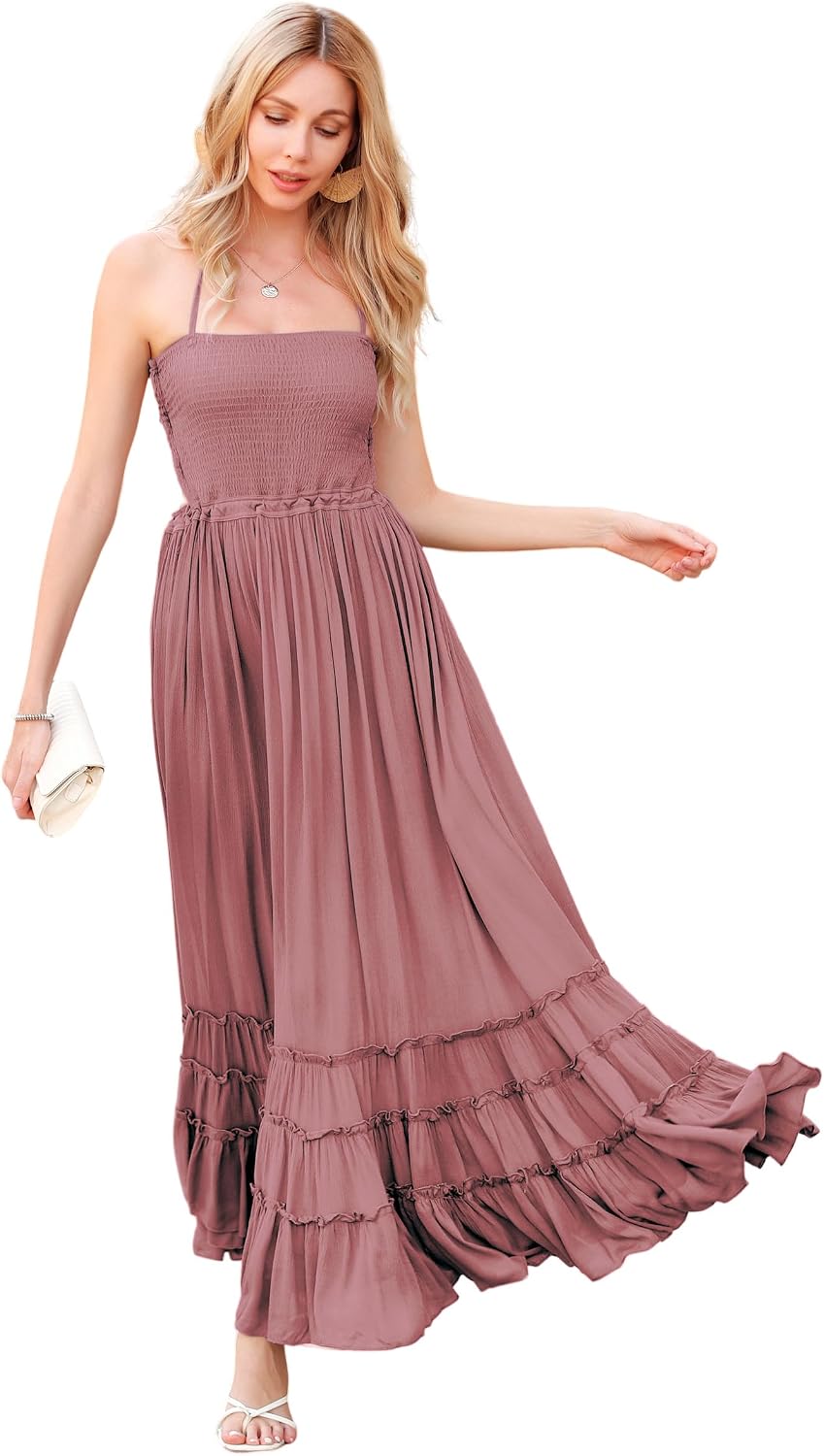 Smocked Ruffle Halter Backless Maxi Dress in Mauve