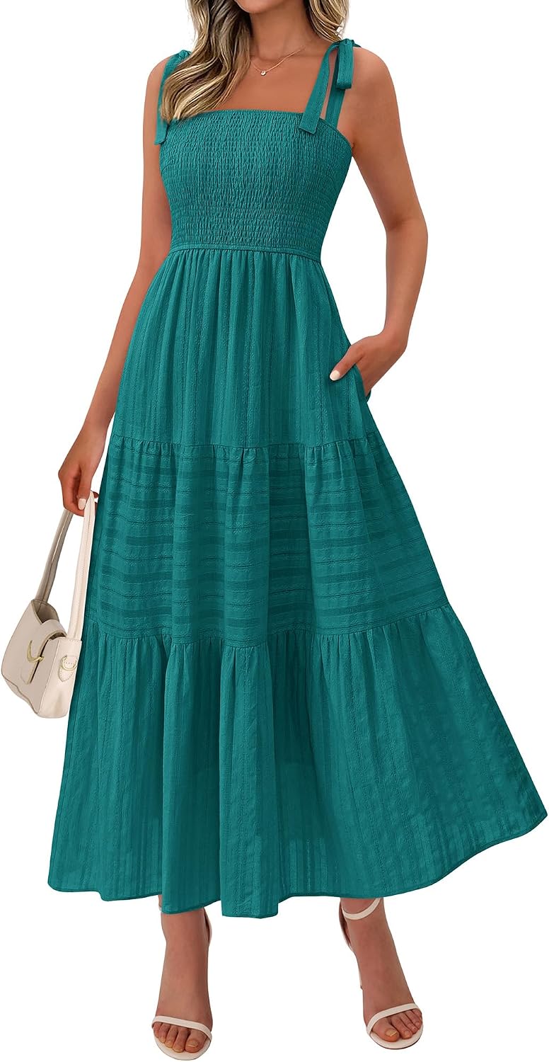 Tie-Strap Smocked Tiered Maxi Sundress in Malachite Green