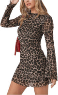 Leopard Print Boat-Neck Bell-Sleeve Mini Dress in All Brown