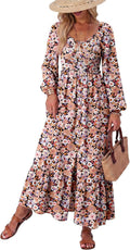 Floral Smocked Long-Sleeve Maxi Dress with Square Neck in Black
