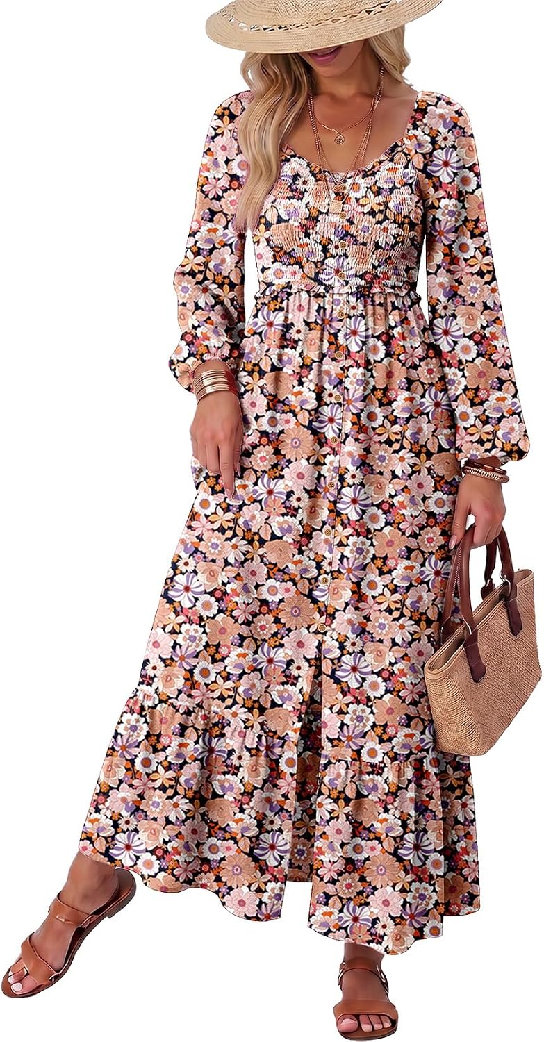 Floral Smocked Long-Sleeve Maxi Dress with Square Neck in Black