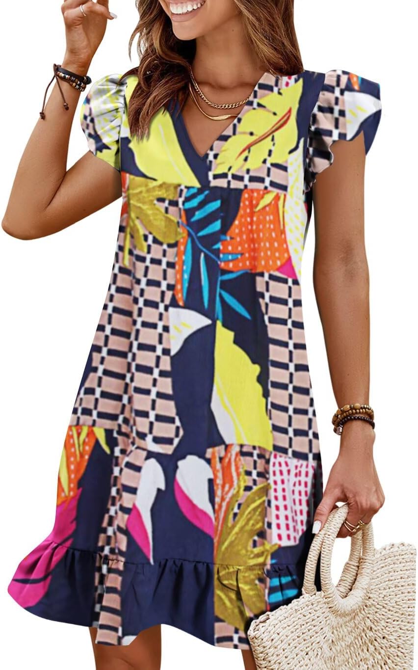Flutter-Sleeve V-Neck Ruffle-Hem Mini Sundress in Geometric print