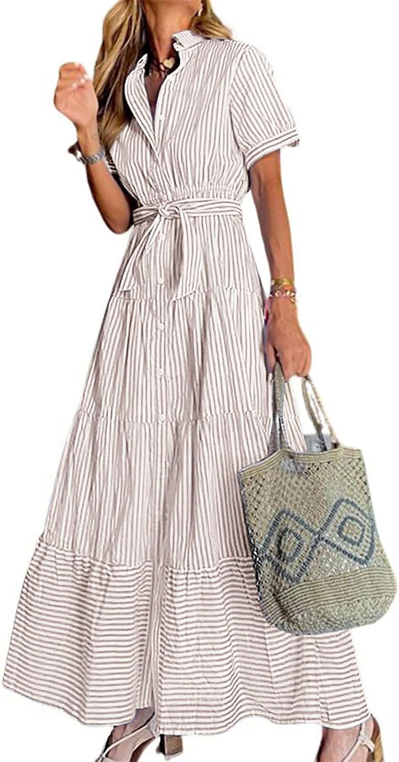 Striped Button-Down Ruffled Maxi Shirt Dress in Khaki
