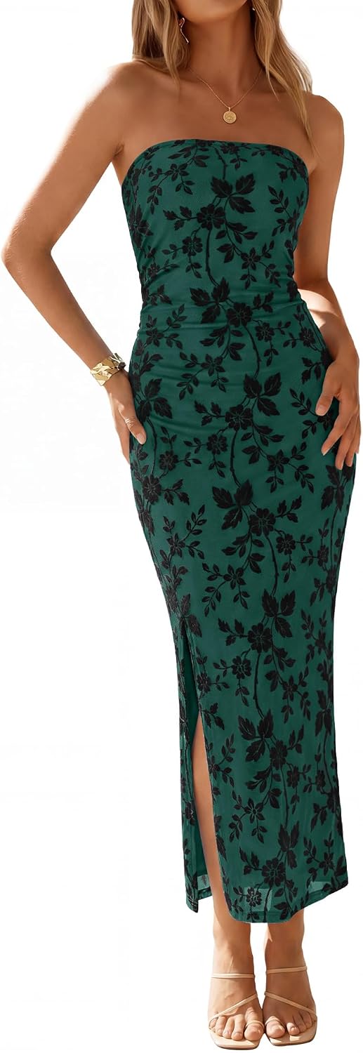 Floral Strapless Ruched Mesh Maxi Dress in Dark Green