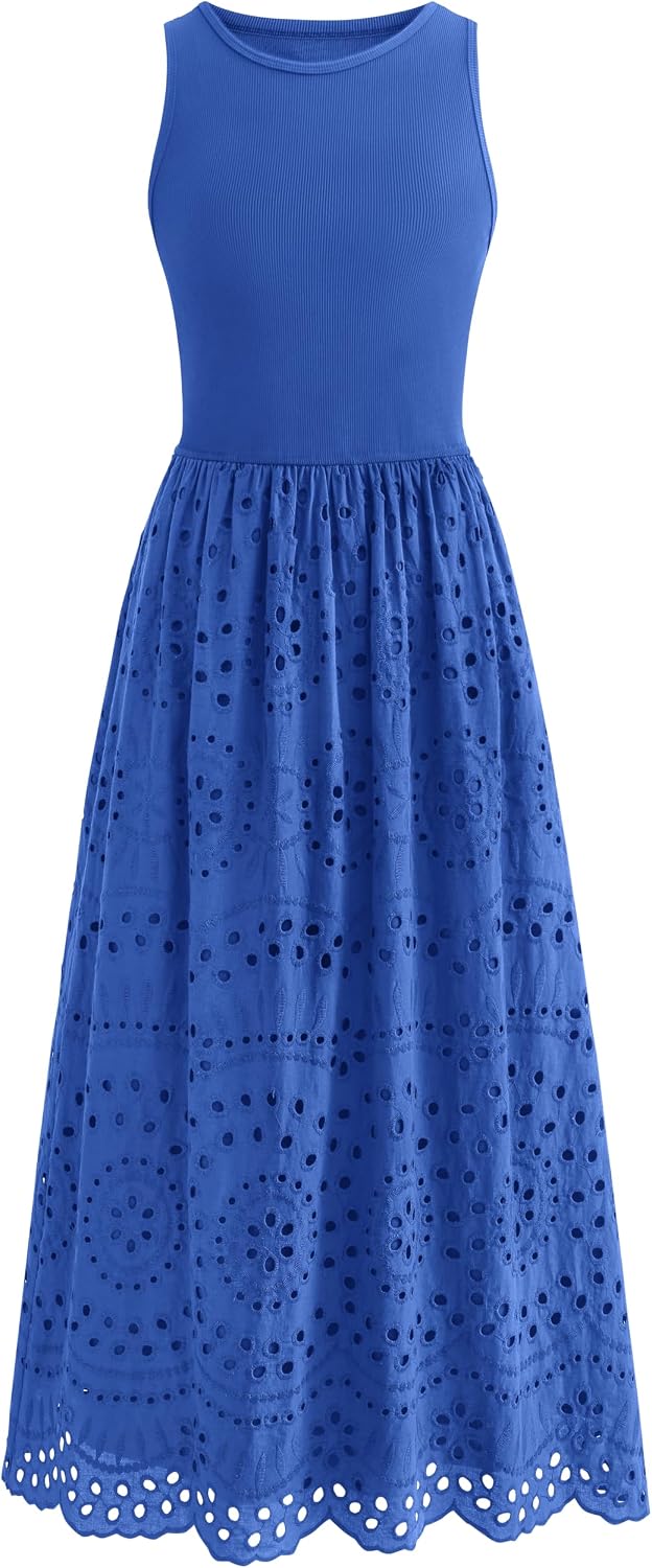Lace Eyelet Sleeveless Tank Maxi Dress in Blue