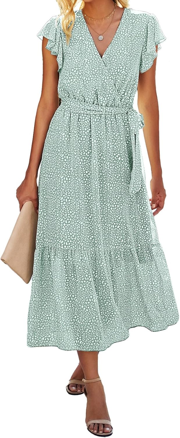 Swiss Dot Wrap V-Neck Belted Midi Dress in Light Green