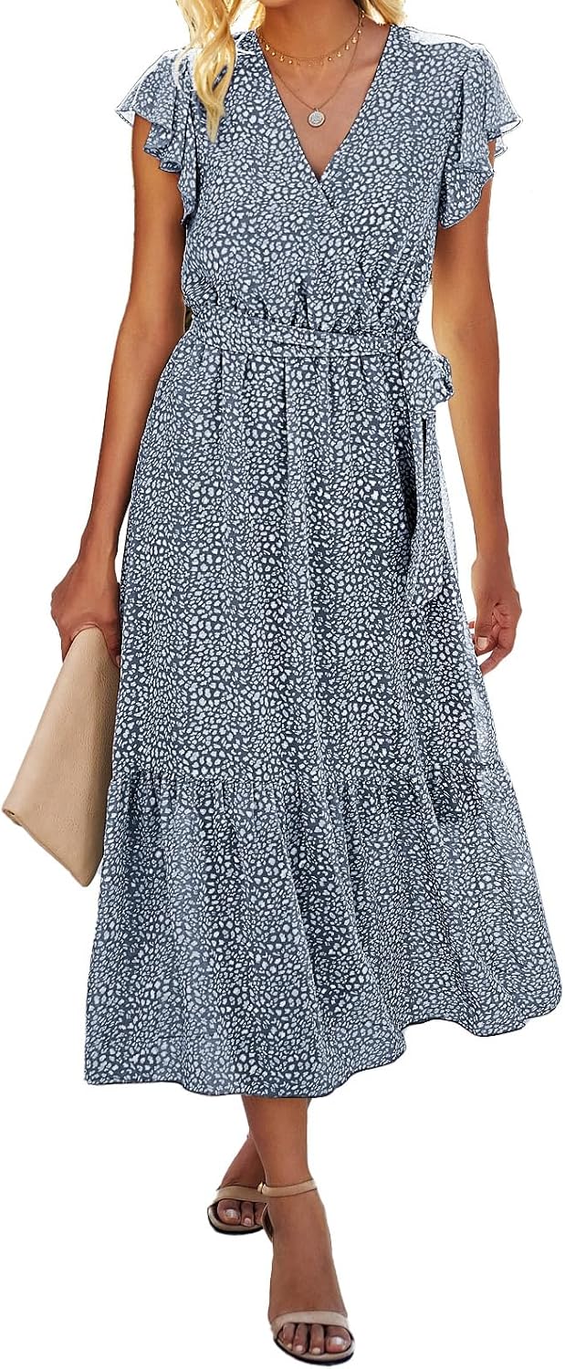 Swiss Dot Wrap V-Neck Belted Midi Dress in Dark Blue