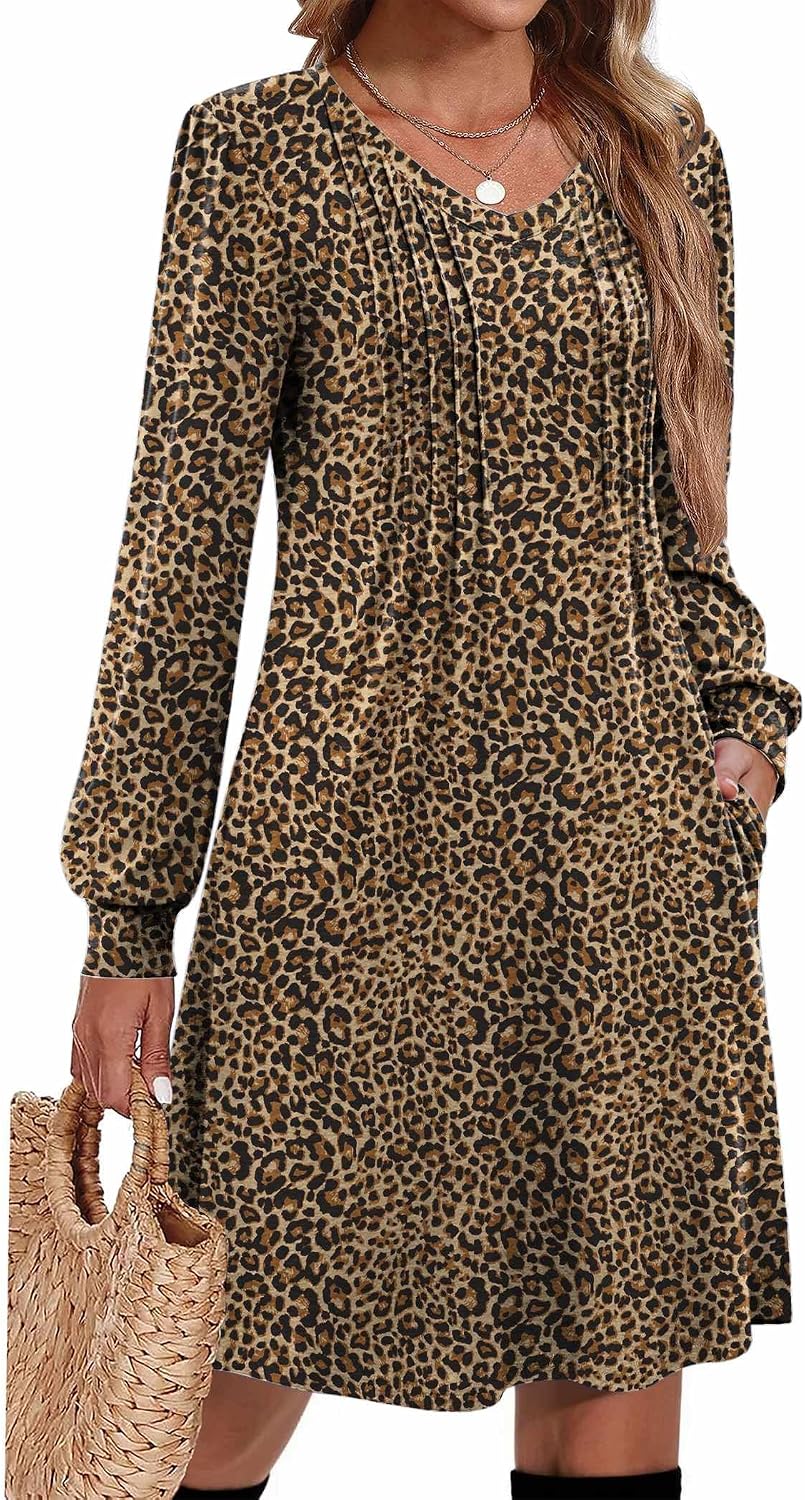 Pleated V-Neck Long-Sleeve A-Line Tunic Dress in C26 Leopard Print