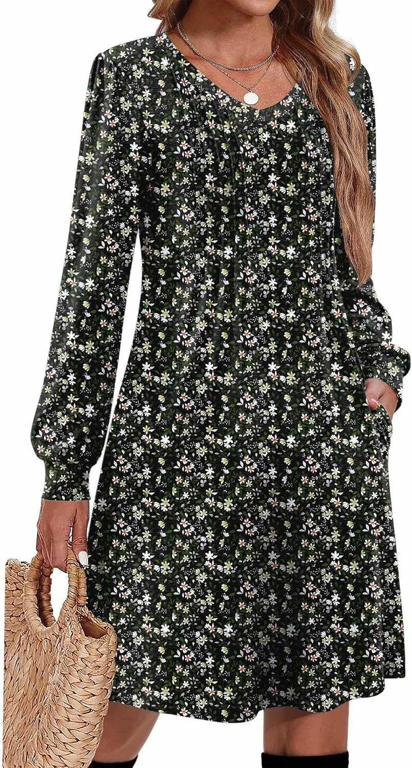 Pleated V-Neck Long-Sleeve A-Line Tunic Dress in C26 Black Flower