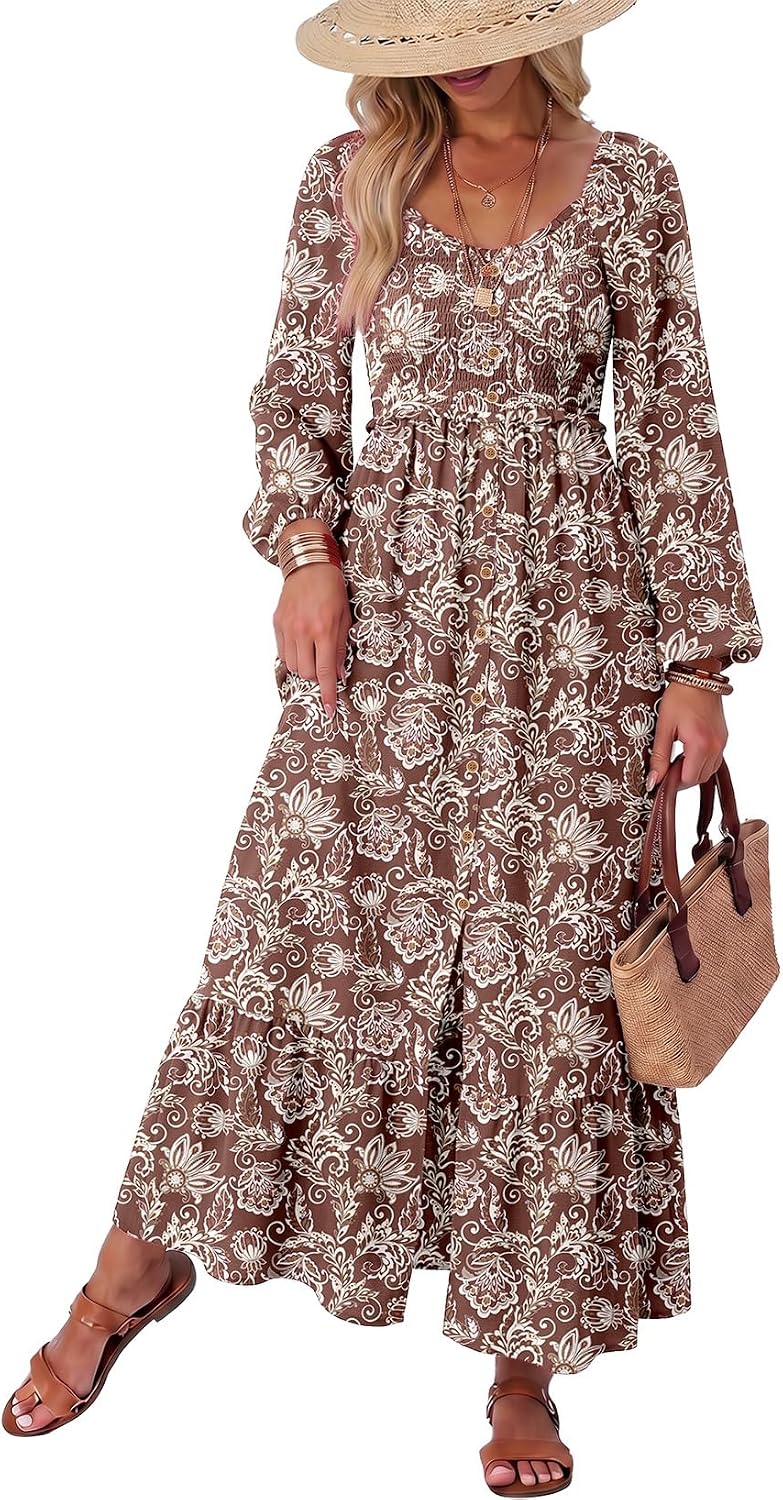 Floral Smocked Long-Sleeve Maxi Dress with Square Neck in Light Brown